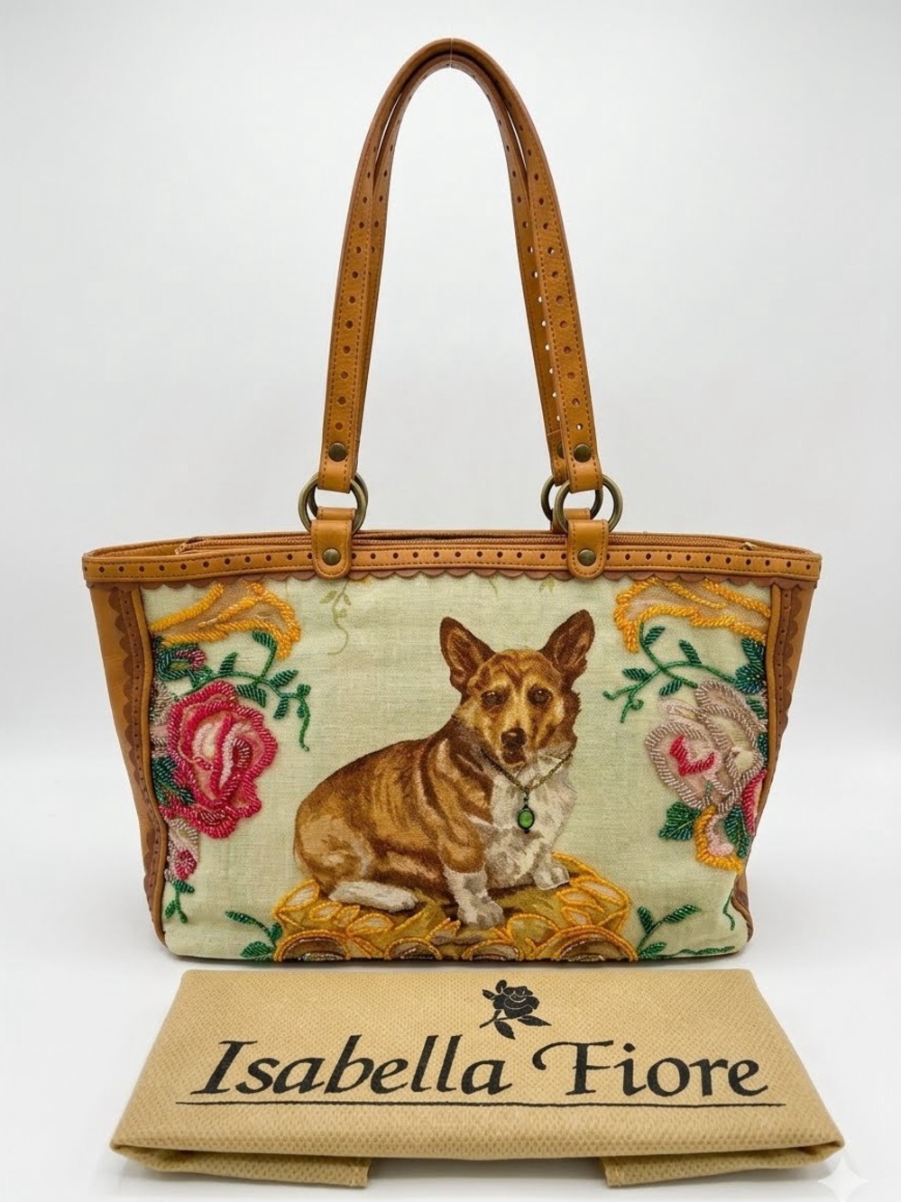NWOT Rare Vintage Isabella Fiore Beaded Welsh Corgi Tapestry Tote Bag MINT